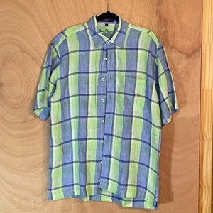 Alan Flusser Green and Blue Linen Button Down Shirt‎ Size M